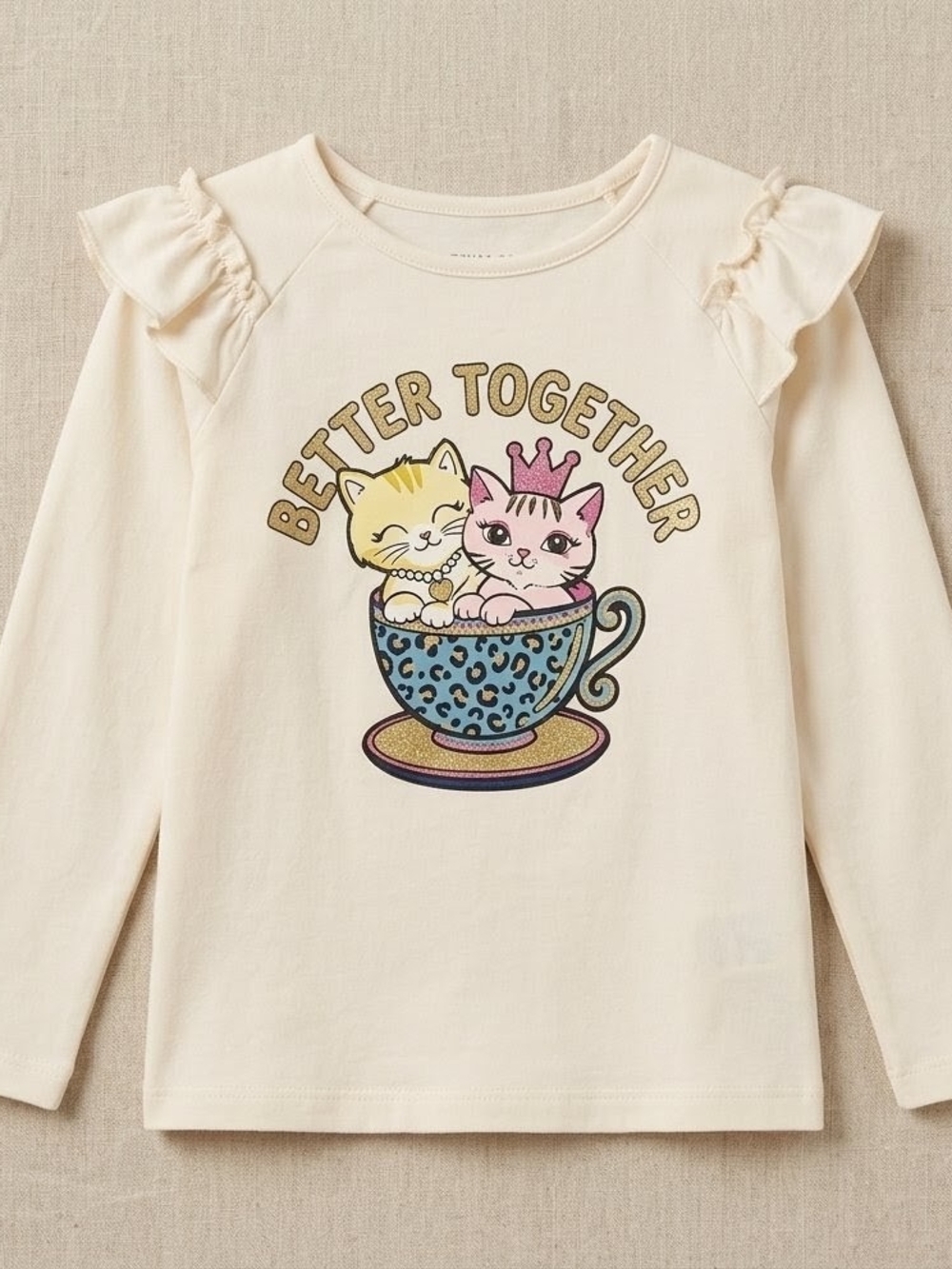 Garanimals Cream Long-Sleeve Tee with Cat Teacup Graphic